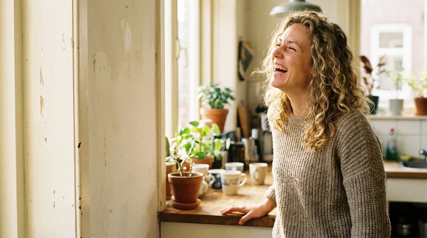 Een vrouw lacht ontspannen bij het raam van haar keuken.