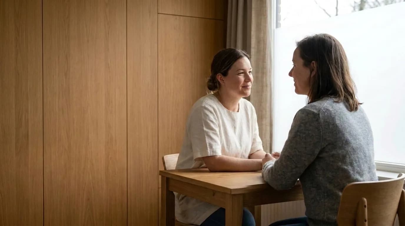 Twee vrouwen zitten aan een tafel in gesprek, op ooghoogte