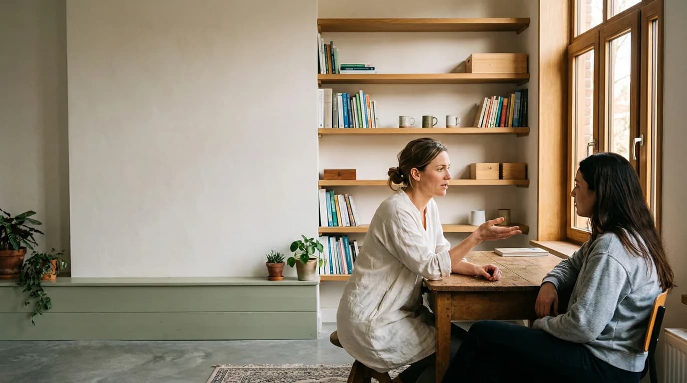 Twee vrouwen in een rustig gesprek aan een bureau bij het raam.