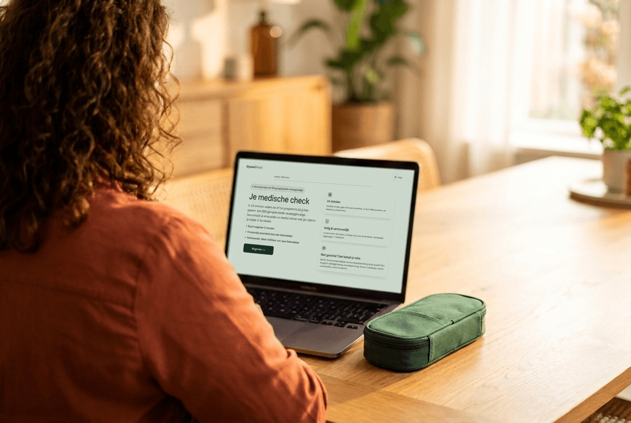 Vrouw opent thuis de medische check op haar laptop