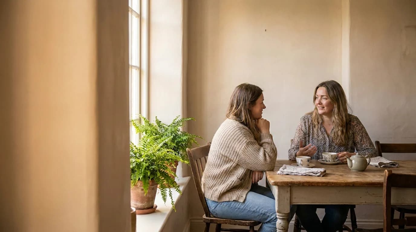 Twee vrouwen in gesprek aan een tafel bij het raam, in de late middagzon