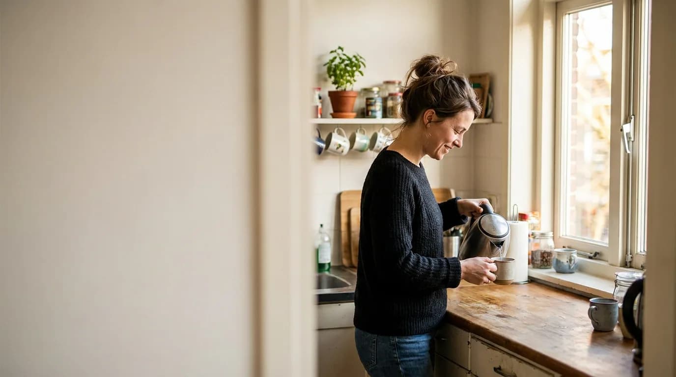 Vrouw zet rustig thee in haar eigen keuken