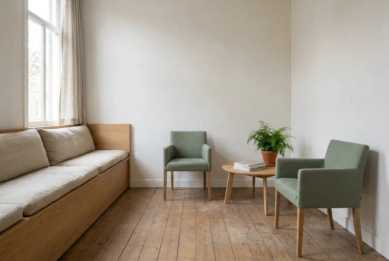 Een rustige wachtruimte met een houten bank, twee stoelen en daglicht