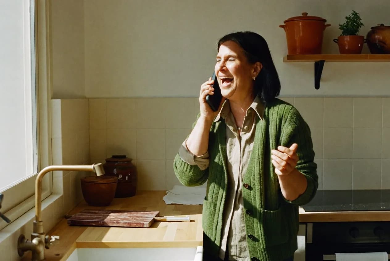 Vrouw lacht tijdens een telefoongesprek in haar eigen keuken