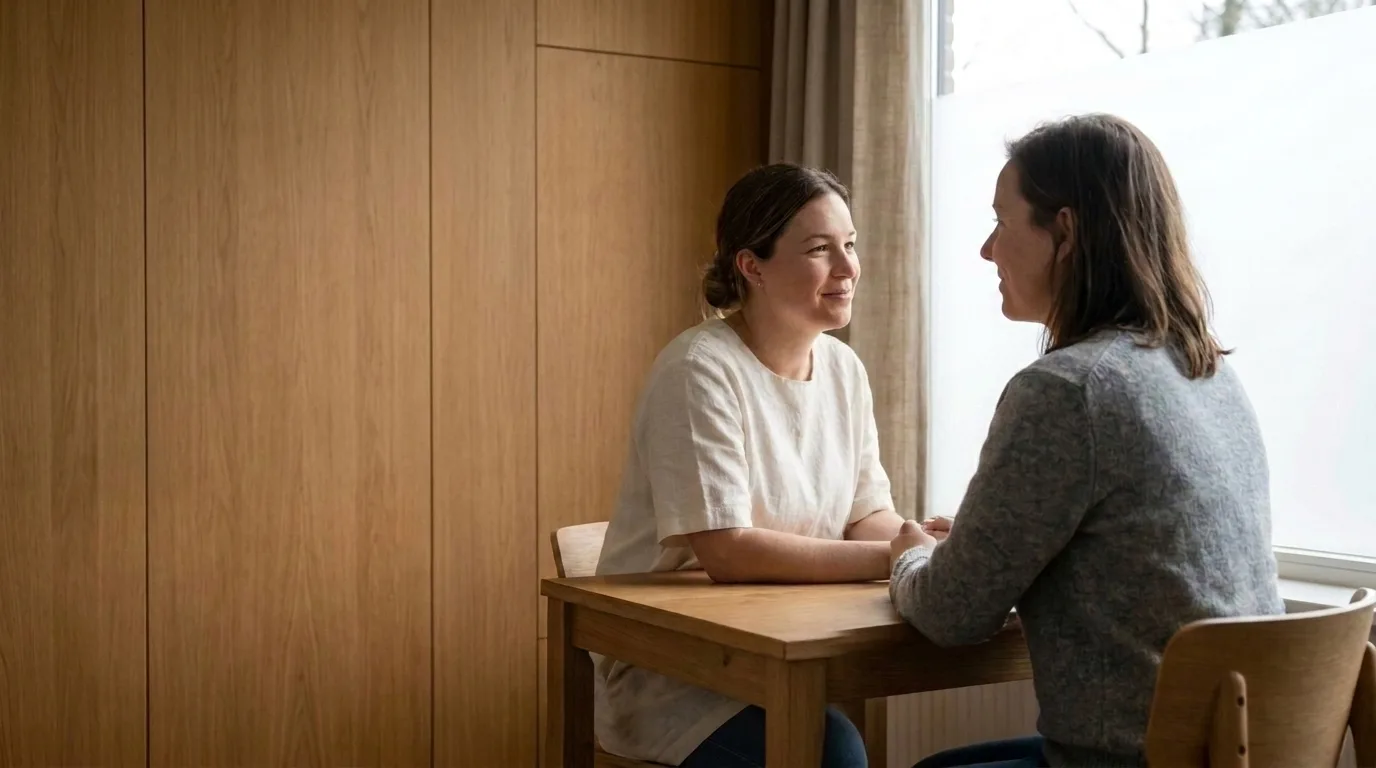 Een Elysee-verpleegkundige in gesprek met een cliënt, op ooghoogte aan tafel