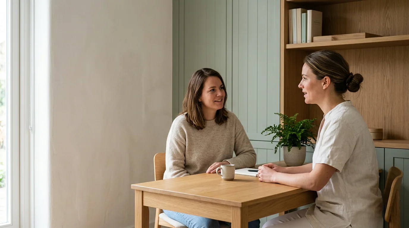 Twee mensen zitten aan een lichte houten tafel in gesprek