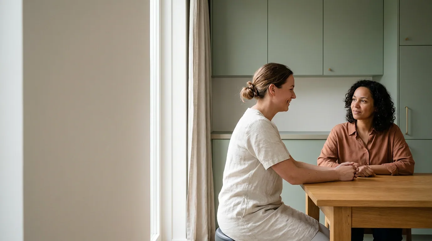 Een behandelaar in gesprek met een cliënt in de spreekkamer