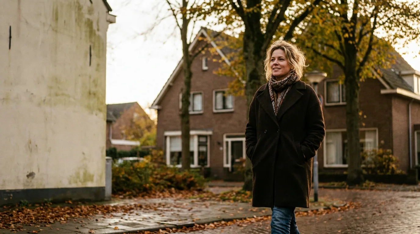 Een vrouw loopt door haar eigen straat op een herfstochtend