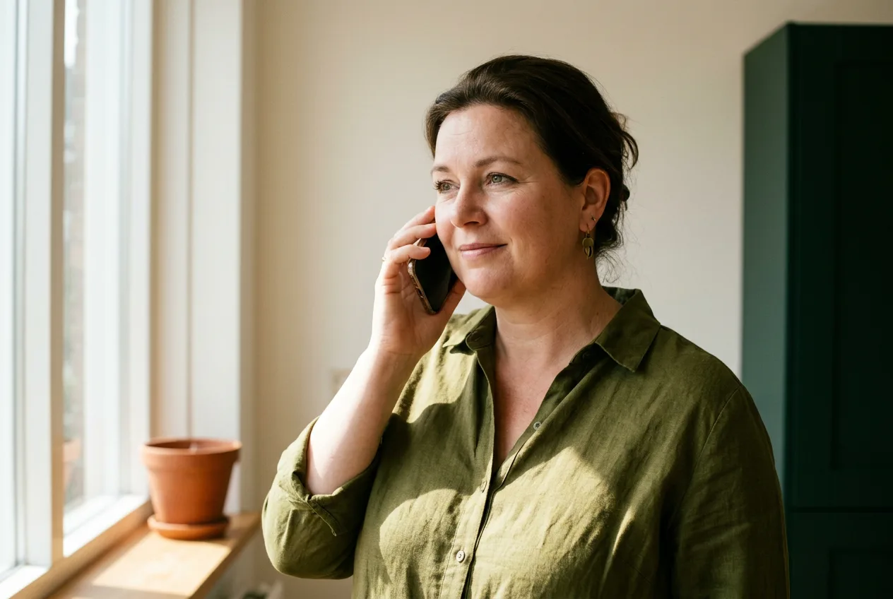 Een vrouw lacht terwijl ze thuis op de bank naar haar telefoon kijkt.