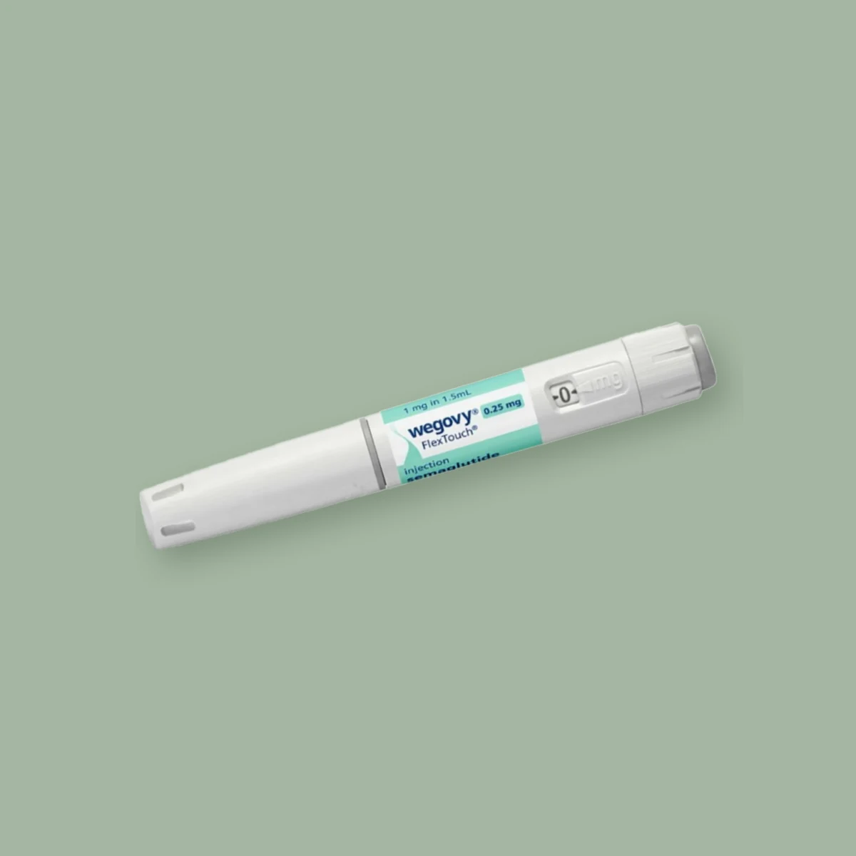 De Wegovy FlexTouch-pen: een witte injectiepen met een mintgroen etiket waarop wegovy, semaglutide en 0,25 mg staan, diagonaal op een saliegroen vlak.